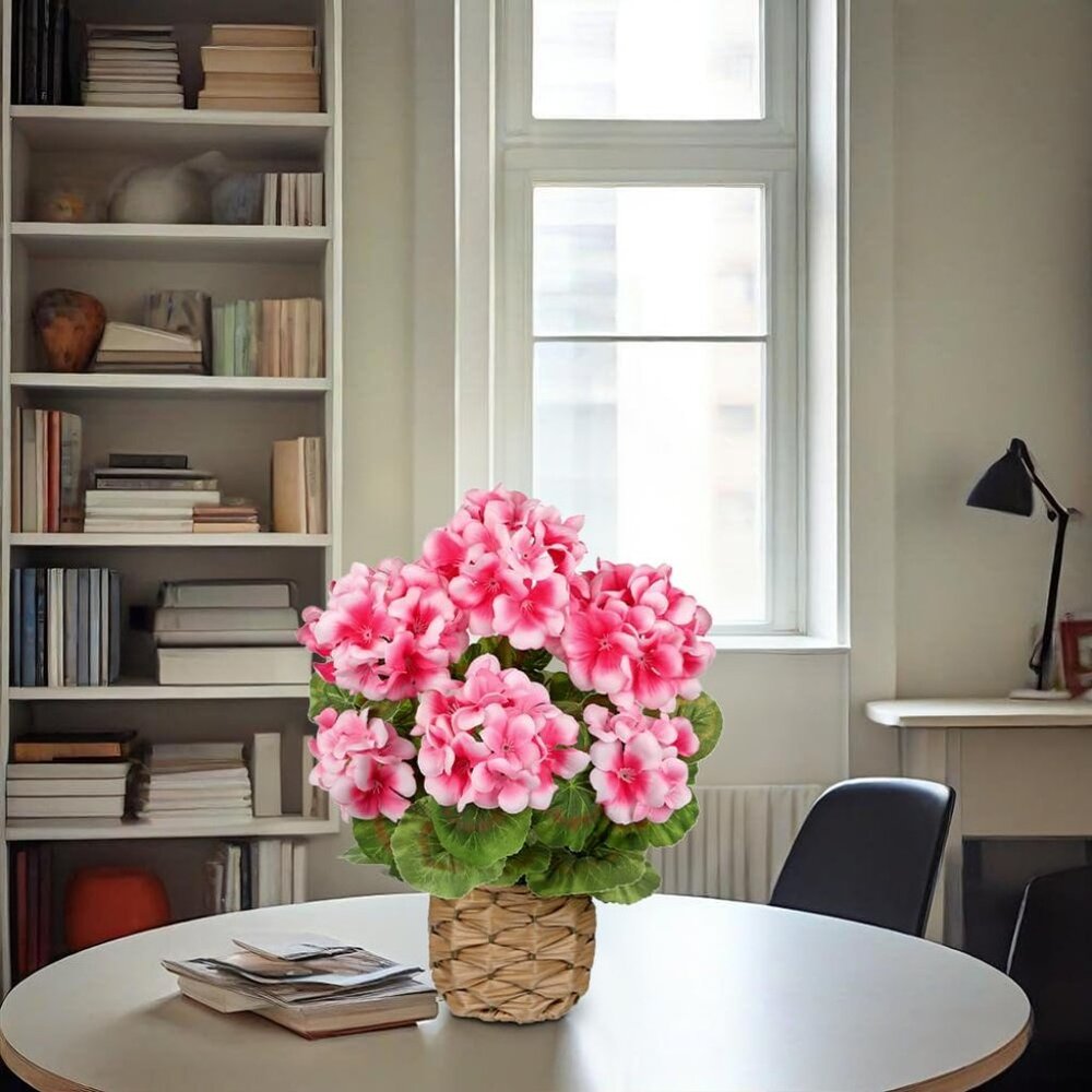 Artificial Flower Pink Basket Plant Potted Silk Realistic Lush Home Table Decor - Picture 4 of 6